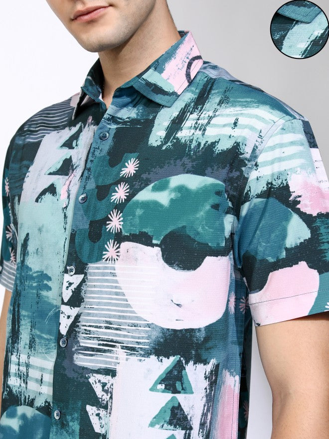 Highlander Men Teal Printed Relaxed Fit Casual Shirt - Teal - Image 5