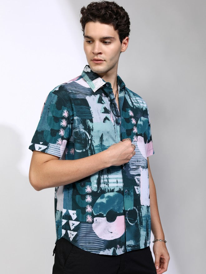 Highlander Men Teal Printed Relaxed Fit Casual Shirt - Teal - Image 6