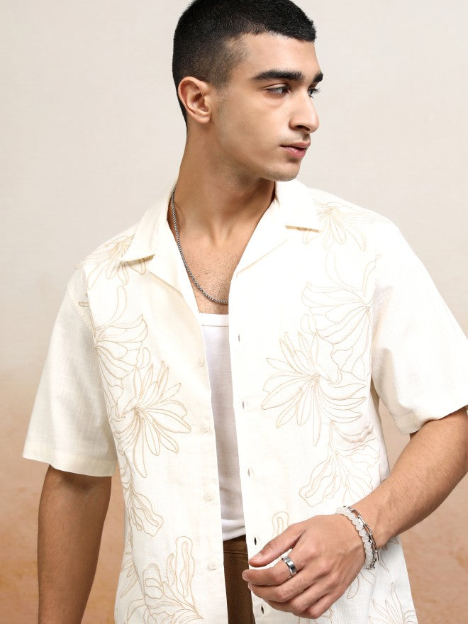 Highlander Men Cream Embroidered Relaxed Fit Casual Shirt - Cream - Image 1