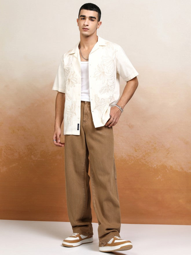 Highlander Men Cream Embroidered Relaxed Fit Casual Shirt - Cream - Image 2