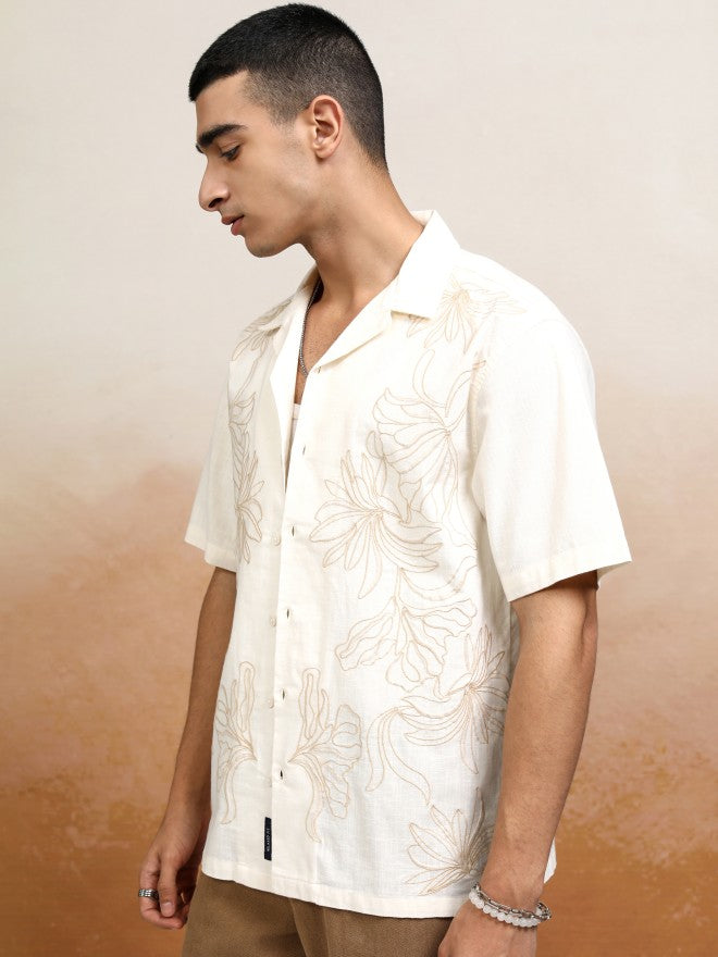 Highlander Men Cream Embroidered Relaxed Fit Casual Shirt - Cream - Image 4