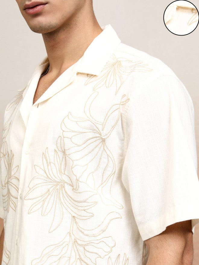 Highlander Men Cream Embroidered Relaxed Fit Casual Shirt - Cream - Image 5