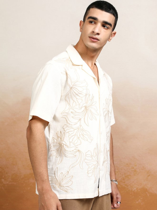 Highlander Men Cream Embroidered Relaxed Fit Casual Shirt - Cream - Image 6