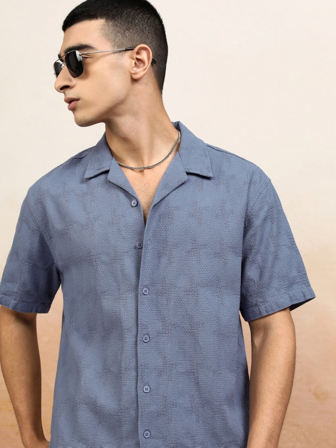 Highlander Men Blue Textured Relaxed Fit Casual Shirt - Blue - Image 1