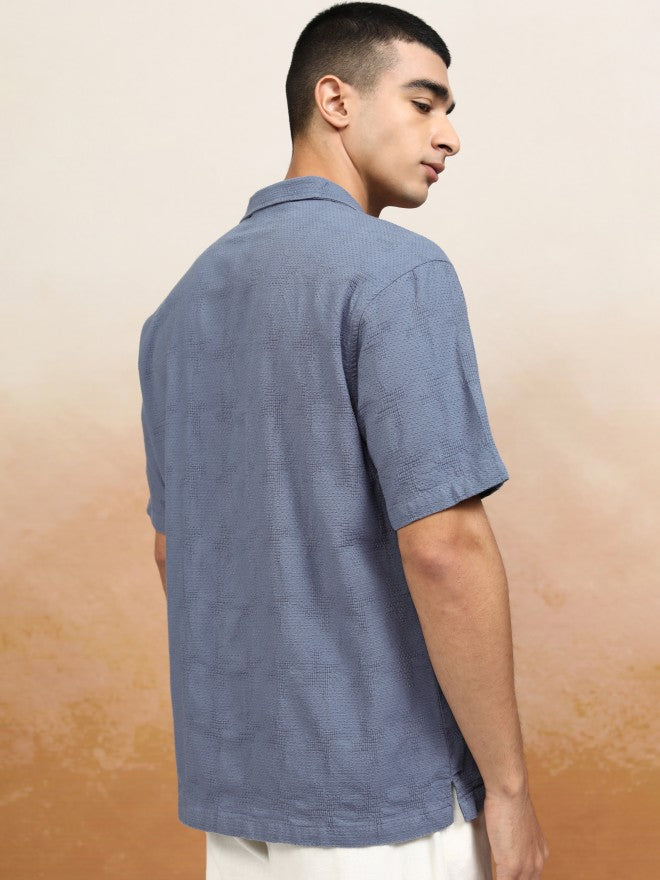 Highlander Men Blue Textured Relaxed Fit Casual Shirt - Blue - Image 3