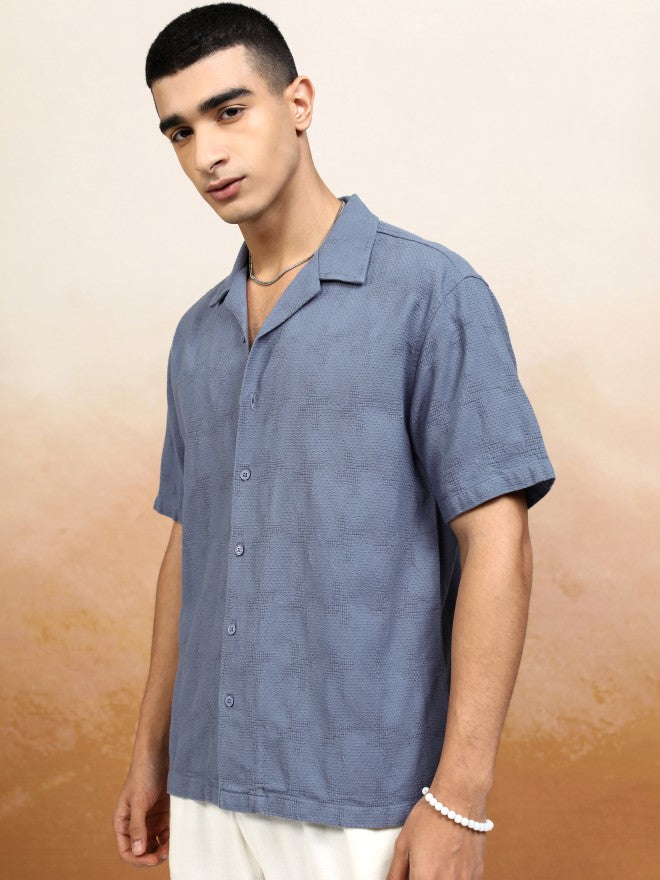 Highlander Men Blue Textured Relaxed Fit Casual Shirt - Blue - Image 4