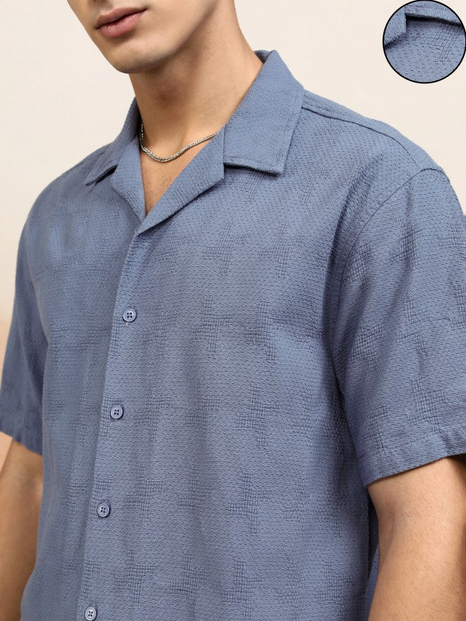 Highlander Men Blue Textured Relaxed Fit Casual Shirt - Blue - Image 5