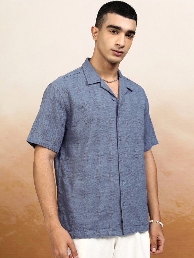 Highlander Men Blue Textured Relaxed Fit Casual Shirt - Blue - Image 6