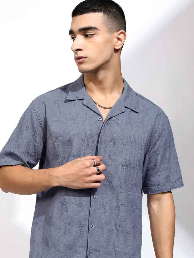 Highlander Men Blue Textured Relaxed Fit Casual Shirt - Blue - Image 1