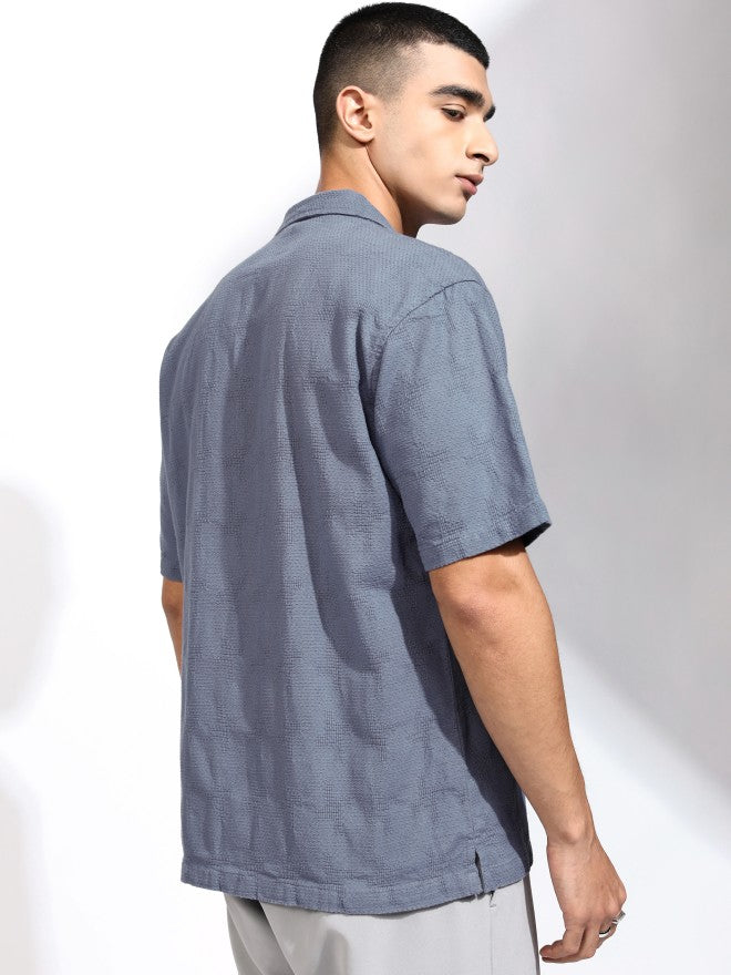 Highlander Men Blue Textured Relaxed Fit Casual Shirt - Blue - Image 3