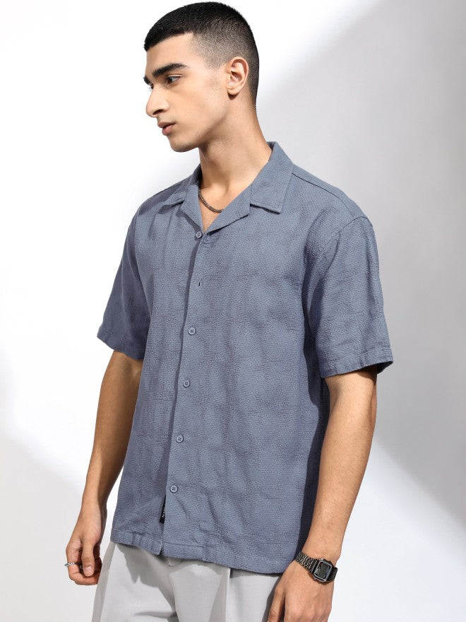 Highlander Men Blue Textured Relaxed Fit Casual Shirt - Blue - Image 4