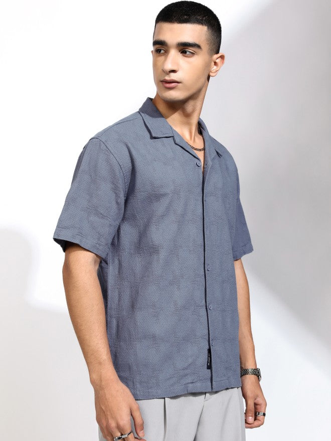Highlander Men Blue Textured Relaxed Fit Casual Shirt - Blue - Image 6