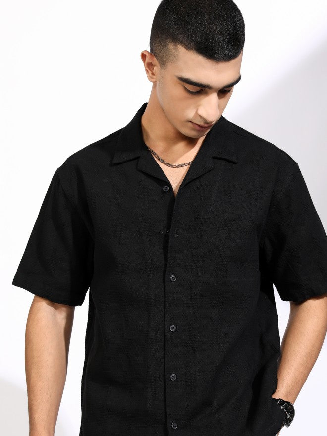 Highlander Men Black Textured Relaxed Fit Casual Shirt - Black - Image 1