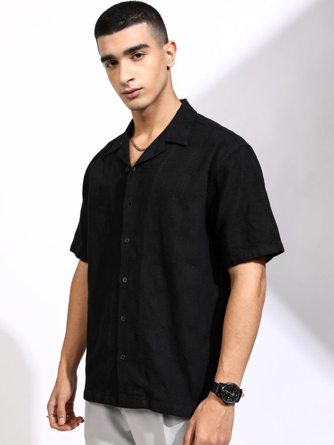 Highlander Men Black Textured Relaxed Fit Casual Shirt - Black - Image 4