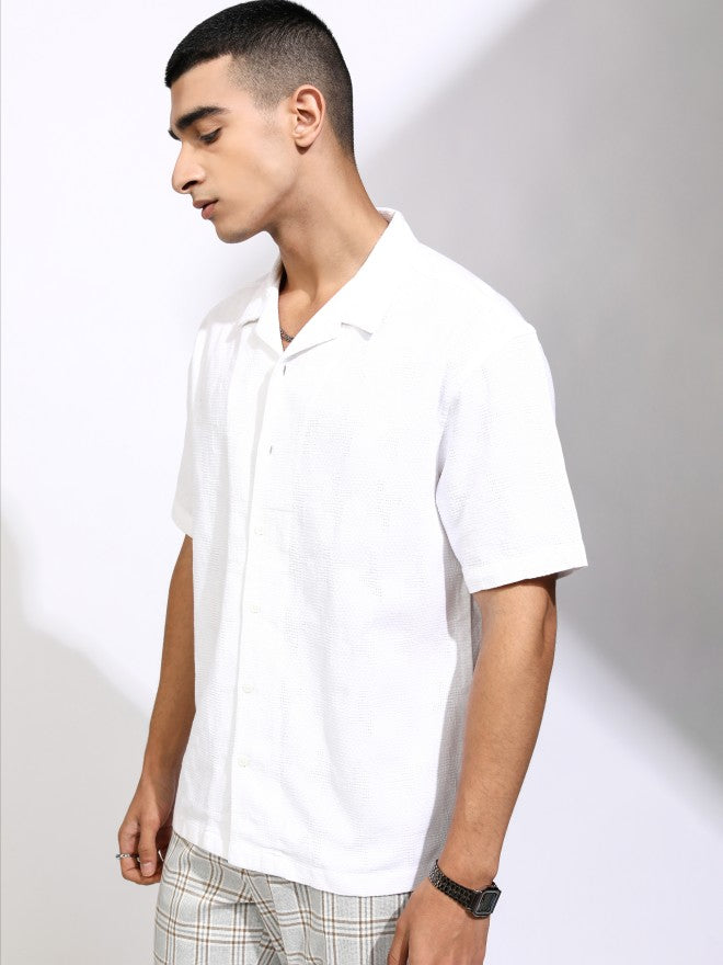 Highlander Men White Textured Relaxed Fit Casual Shirt - White - Image 4