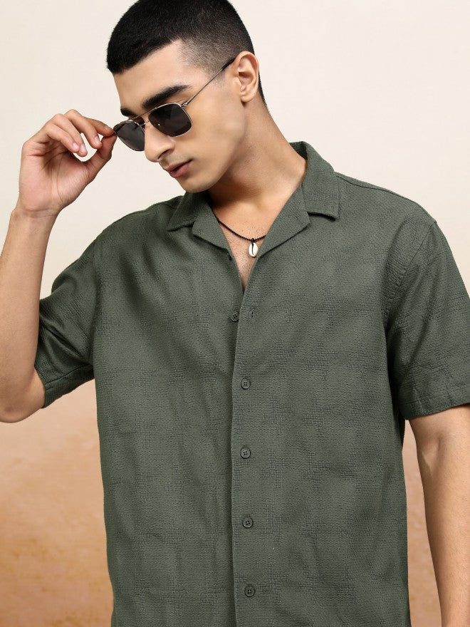 Highlander Men Olive Textured Relaxed Fit Casual Shirt - Olive - Image 1
