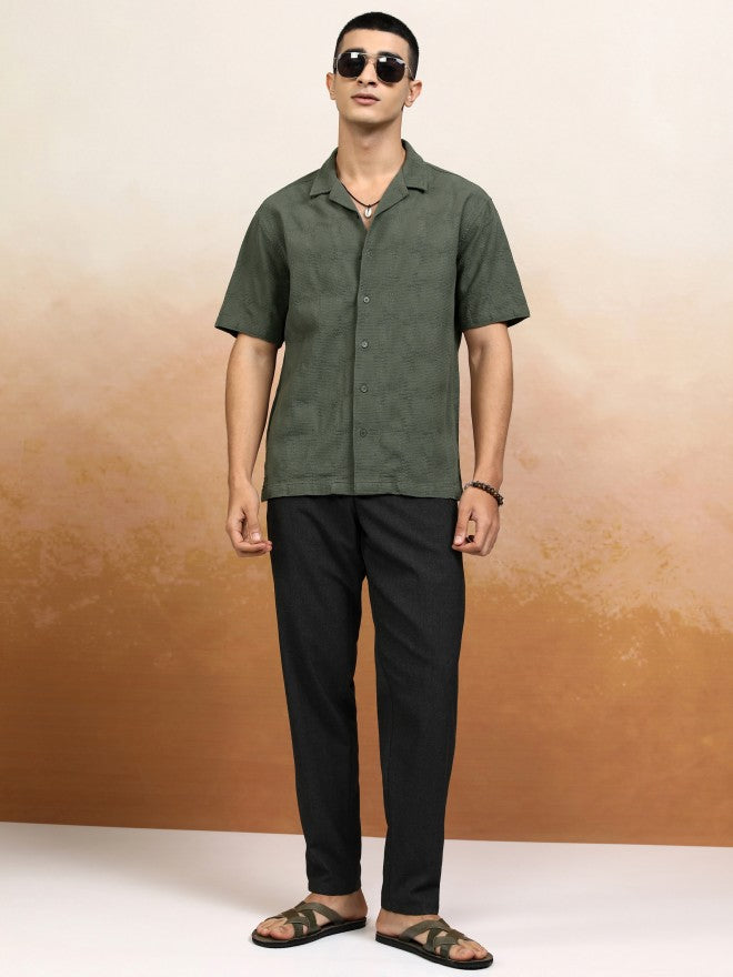 Highlander Men Olive Textured Relaxed Fit Casual Shirt - Olive - Image 2