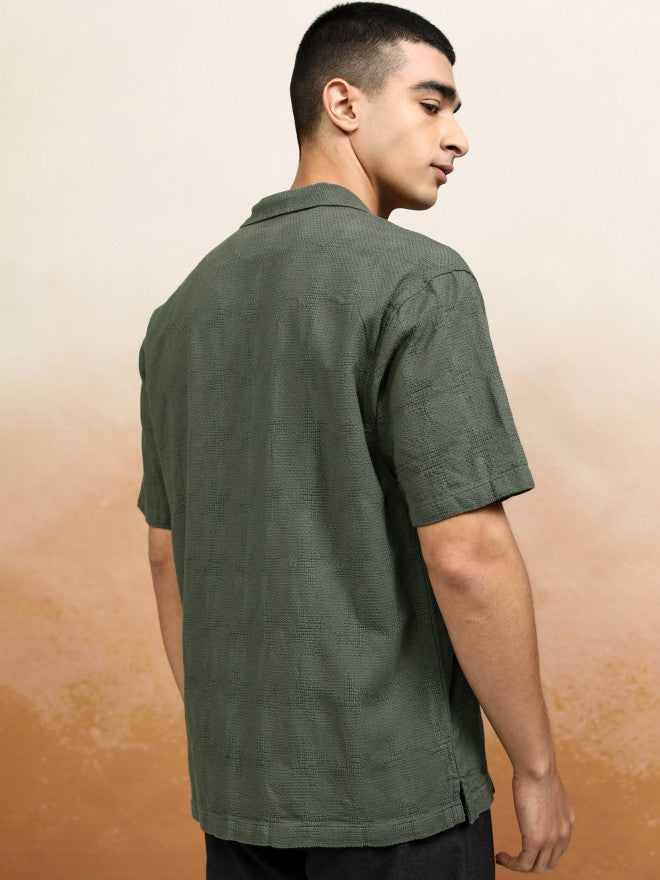 Highlander Men Olive Textured Relaxed Fit Casual Shirt - Olive - Image 3