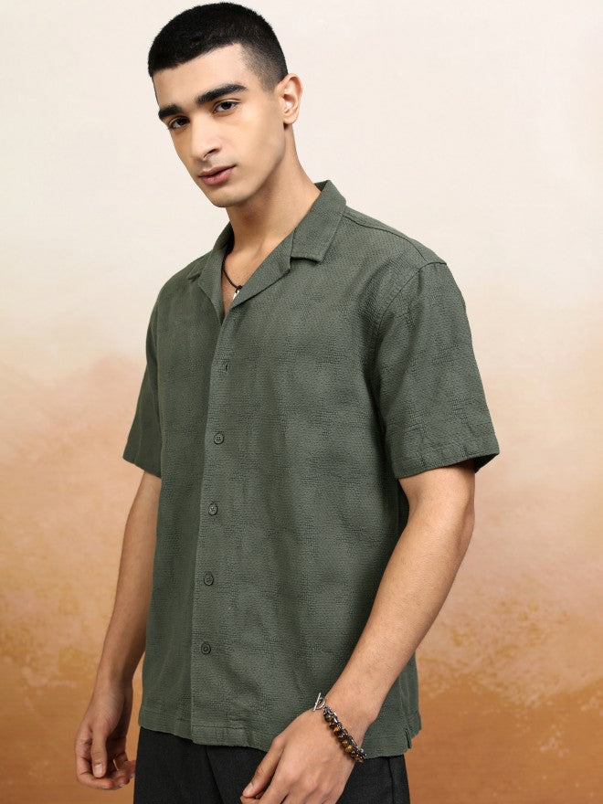 Highlander Men Olive Textured Relaxed Fit Casual Shirt - Olive - Image 4