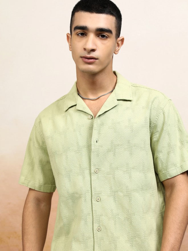 Highlander Men Green Textured Relaxed Fit Casual Shirt - Green - Image 1