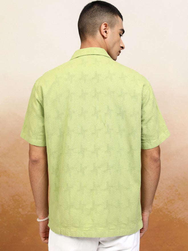 Highlander Men Green Textured Relaxed Fit Casual Shirt - Green - Image 3
