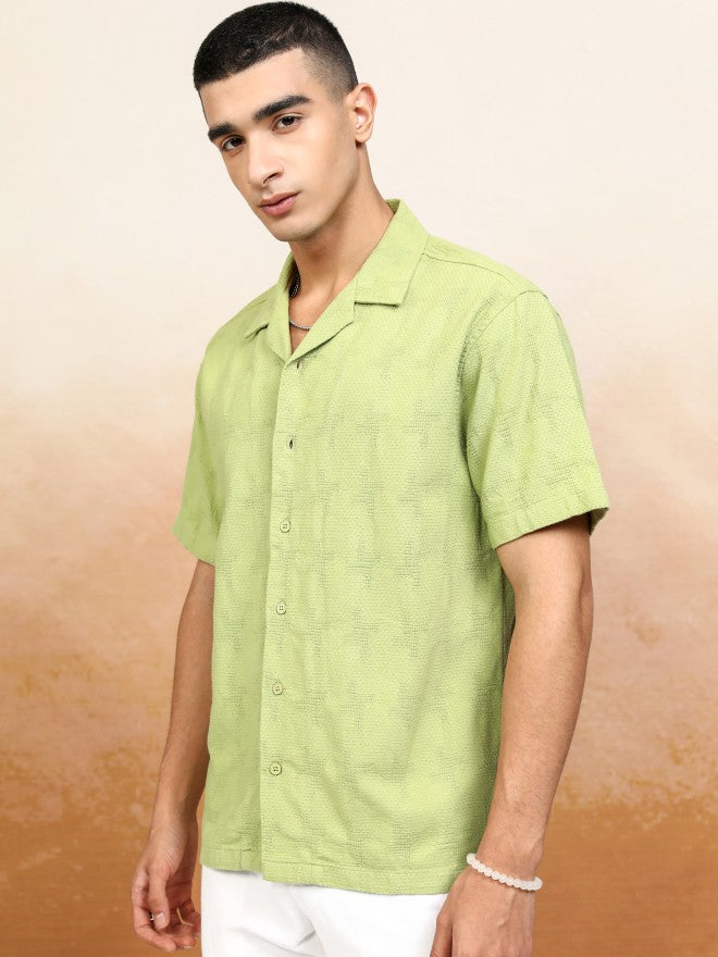 Highlander Men Green Textured Relaxed Fit Casual Shirt - Green - Image 4