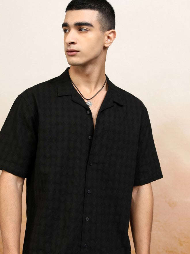 Highlander Men Black Textured Relaxed Fit Casual Shirt - Black - Image 1