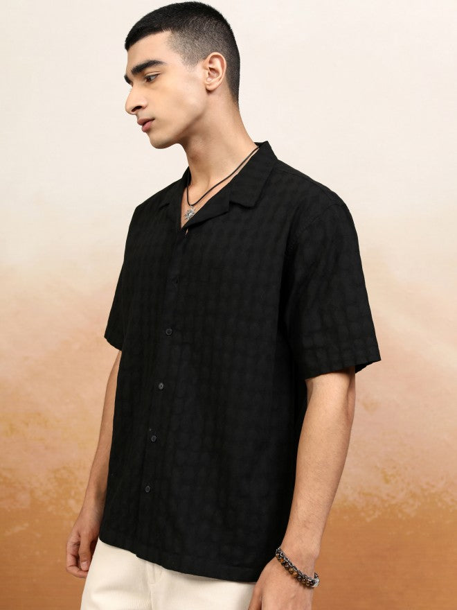Highlander Men Black Textured Relaxed Fit Casual Shirt - Black - Image 4
