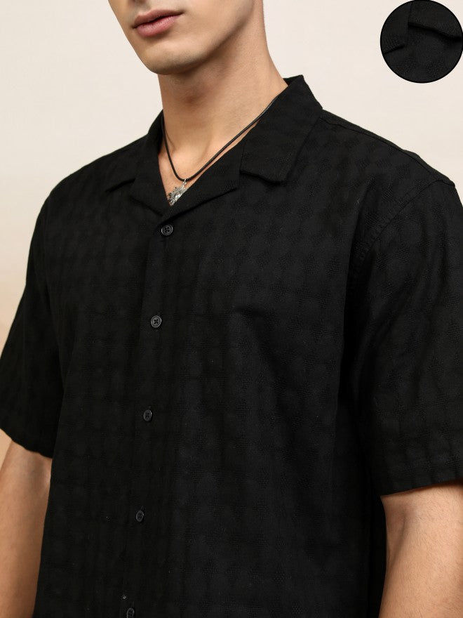 Highlander Men Black Textured Relaxed Fit Casual Shirt - Black - Image 5