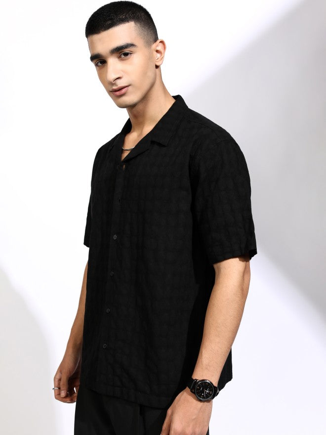 Highlander Men Black Textured Relaxed Fit Casual Shirt - Black - Image 4