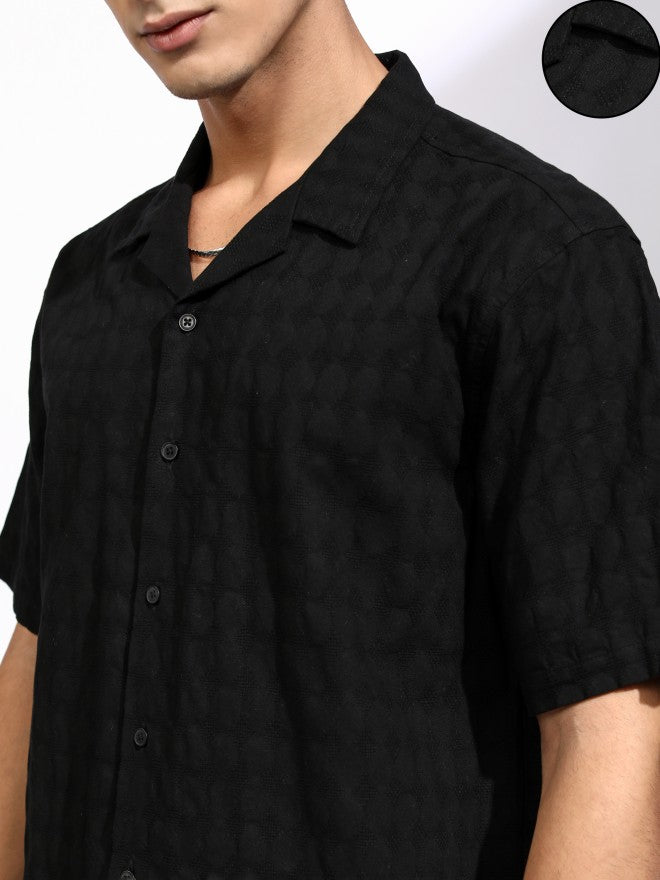 Highlander Men Black Textured Relaxed Fit Casual Shirt - Black - Image 5