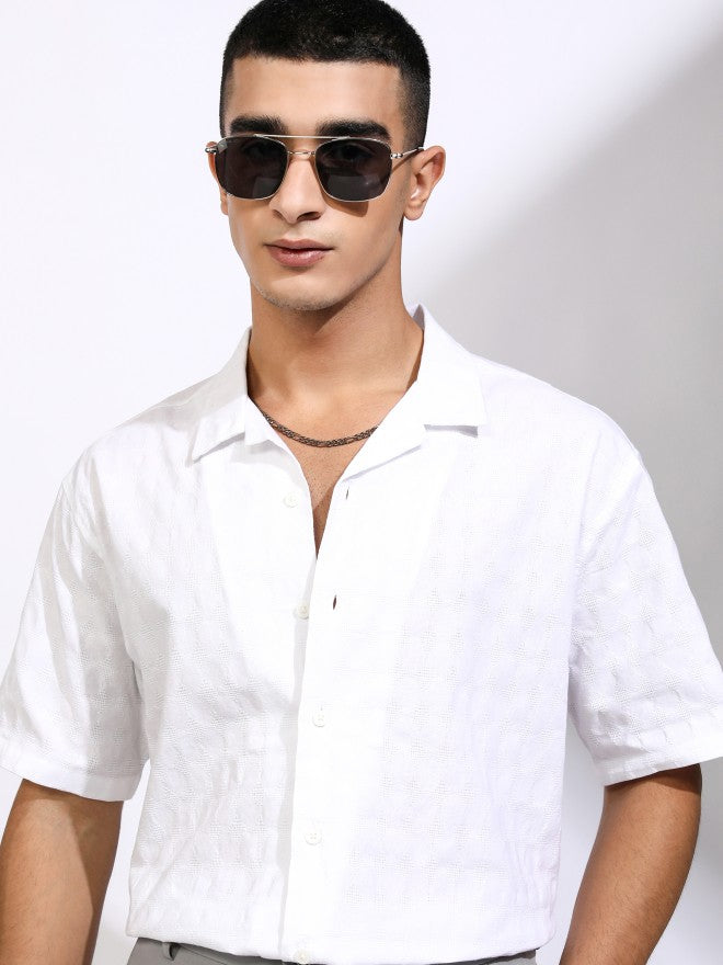 Highlander Men White Textured Relaxed Fit Casual Shirt - White - Image 1