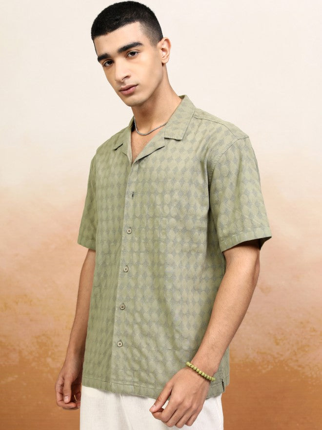 Highlander Men Olive Textured Relaxed Fit Casual Shirt - Olive - Image 4