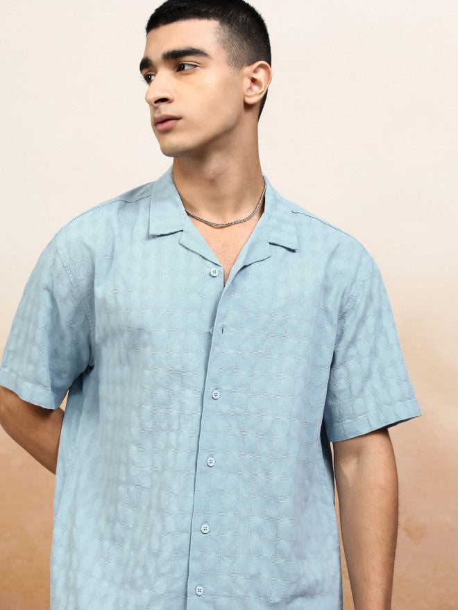 Highlander Men Blue Textured Relaxed Fit Casual Shirt - Blue - Image 1