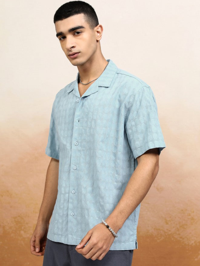 Highlander Men Blue Textured Relaxed Fit Casual Shirt - Blue - Image 4