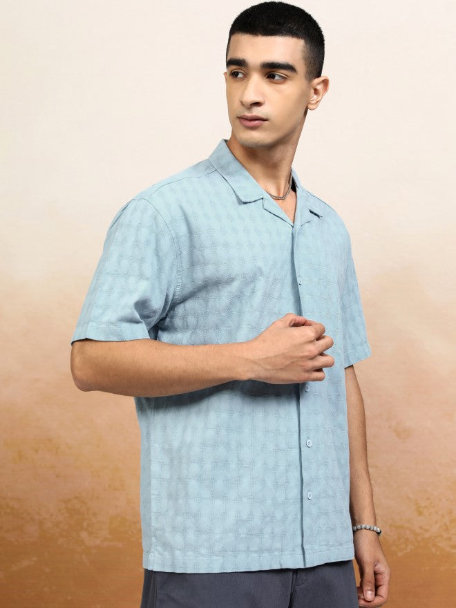 Highlander Men Blue Textured Relaxed Fit Casual Shirt - Blue - Image 6