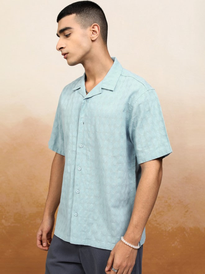 Highlander Men Blue Textured Relaxed Fit Casual Shirt - Blue - Image 4