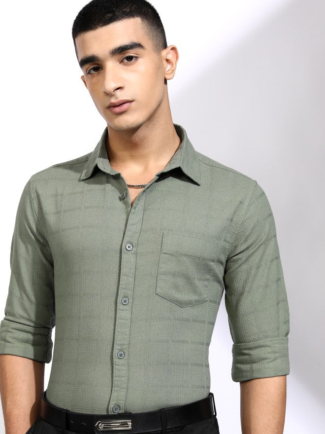Highlander Men Olive Textured Regular Fit Casual Shirt - Olive - Image 1