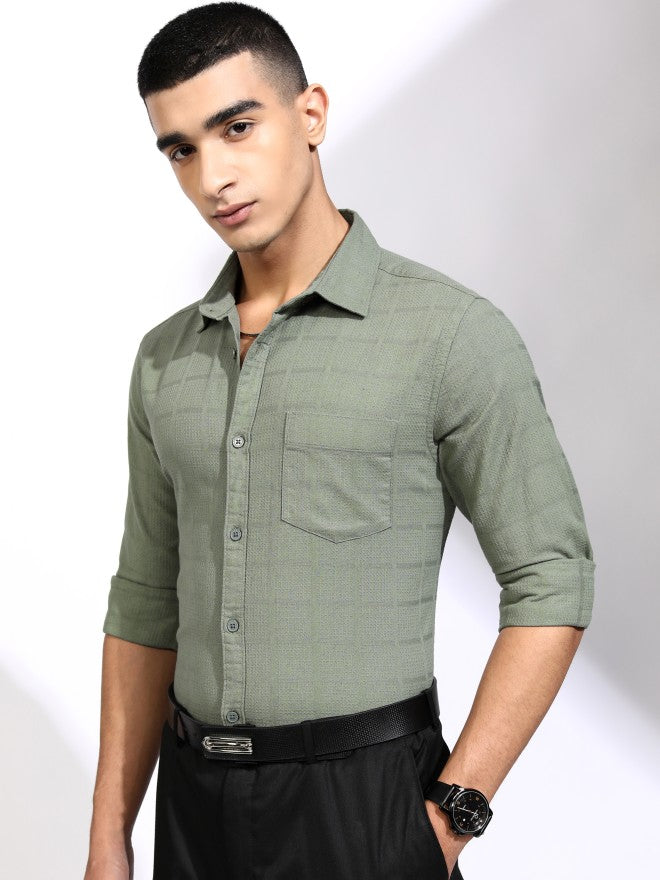 Highlander Men Olive Textured Regular Fit Casual Shirt - Olive - Image 4