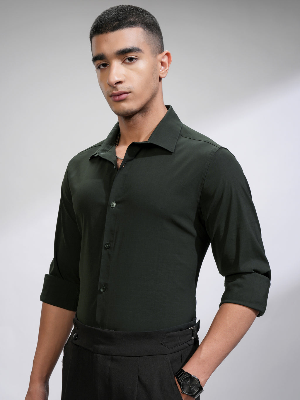 Highlander Men Green Self Design Slim Fit Casual Shirt - Green - Image 4