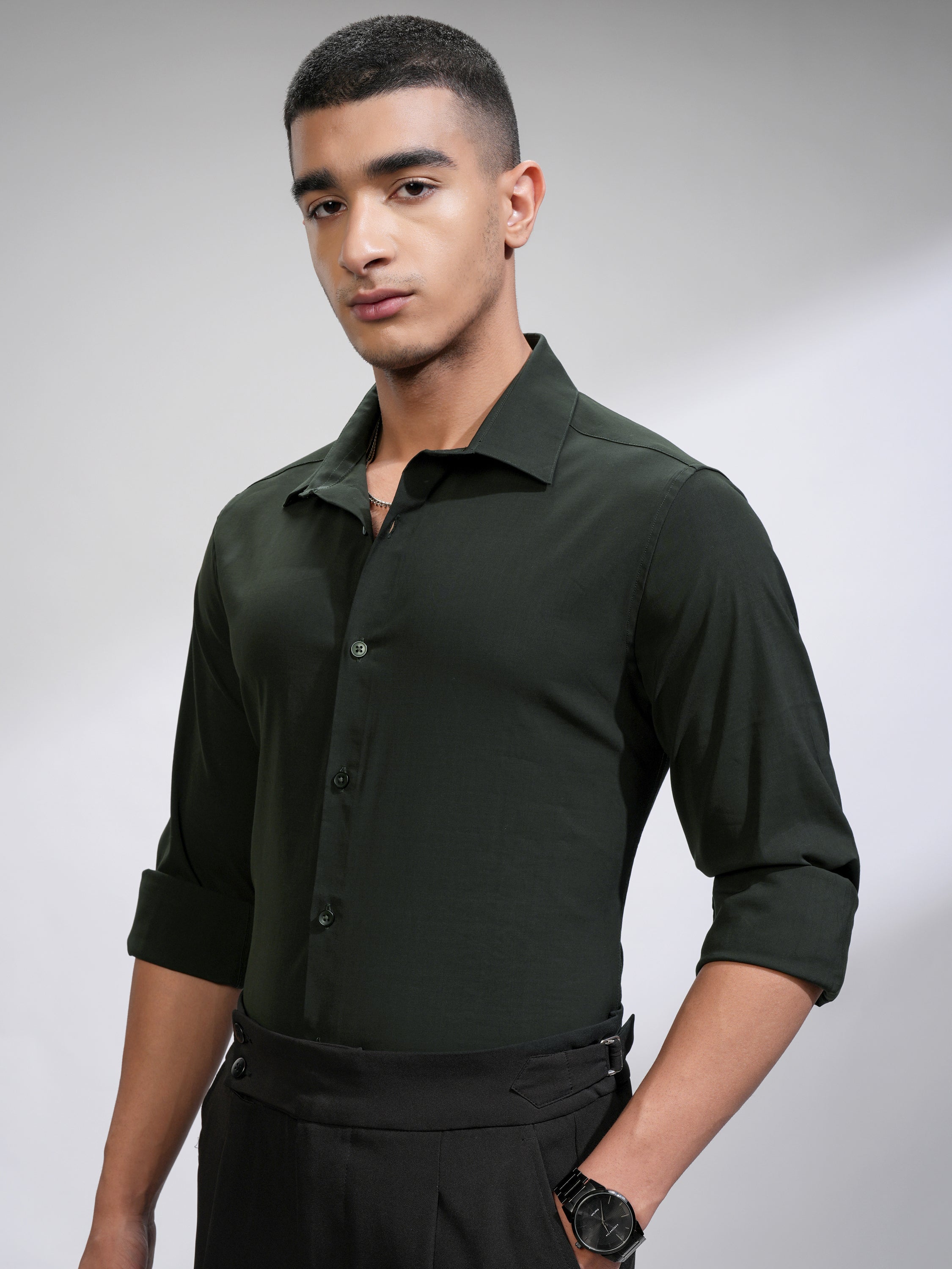 Highlander Men Green Self Design Slim Fit Casual Shirt - Green - Image 4