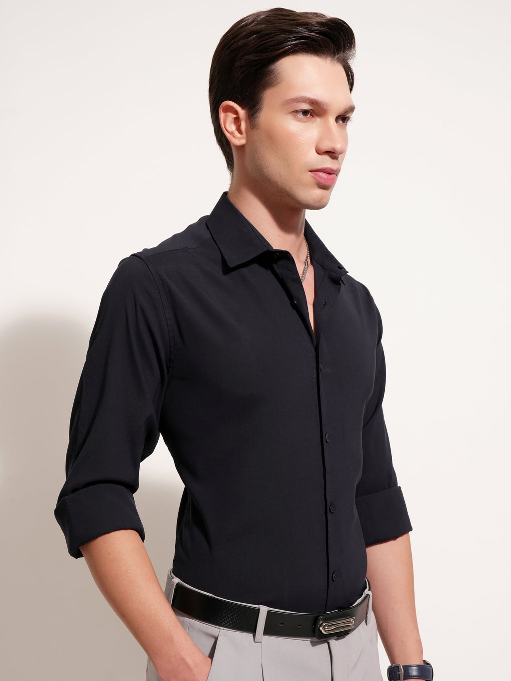Highlander Men Navy Blue Solid Slim Fit Casual Shirt - Navy Blue - Image 6