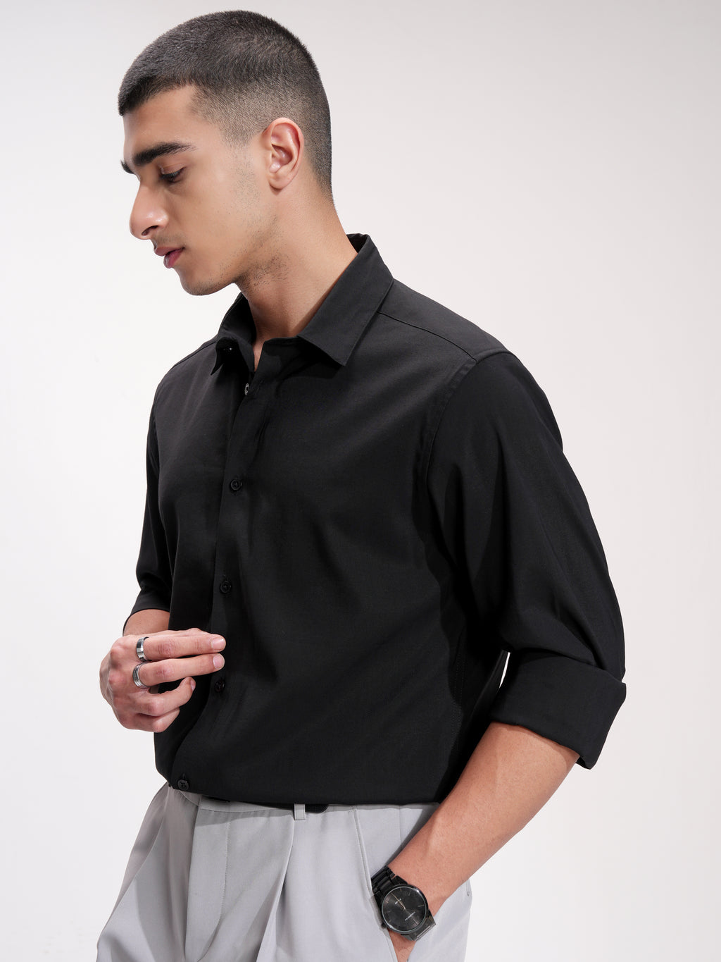 Highlander Men Black Self Design Slim Fit Casual Shirt - Black - Image 4