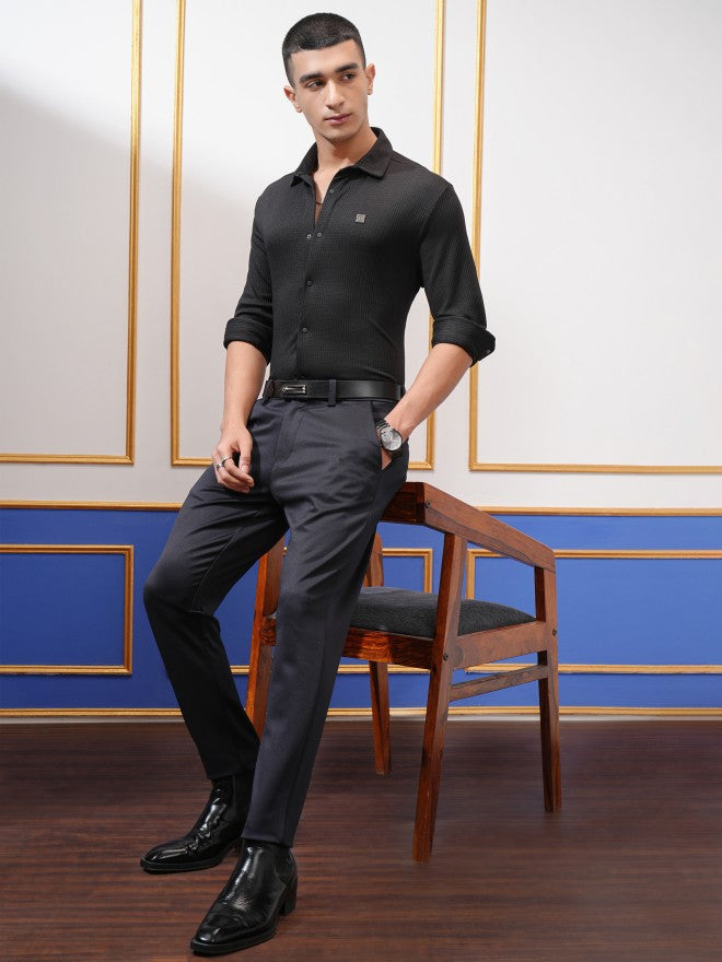 Highlander Men Black Textured Slim Fit Casual Shirt - Black - Image 2