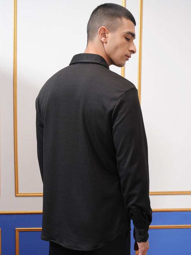 Highlander Men Black Textured Slim Fit Casual Shirt - Black - Image 3