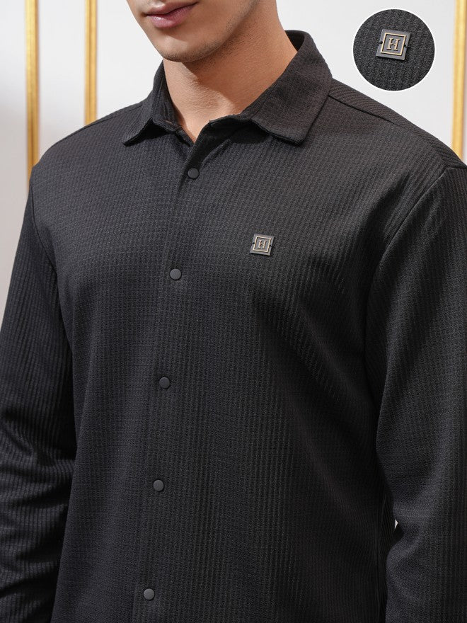 Highlander Men Black Textured Slim Fit Casual Shirt - Black - Image 5