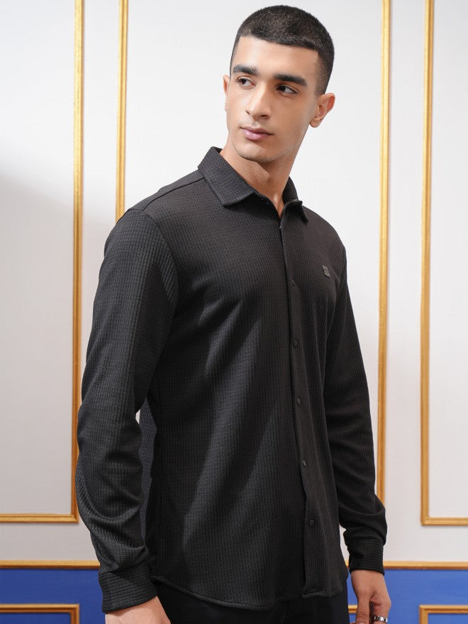 Highlander Men Black Textured Slim Fit Casual Shirt - Black - Image 6