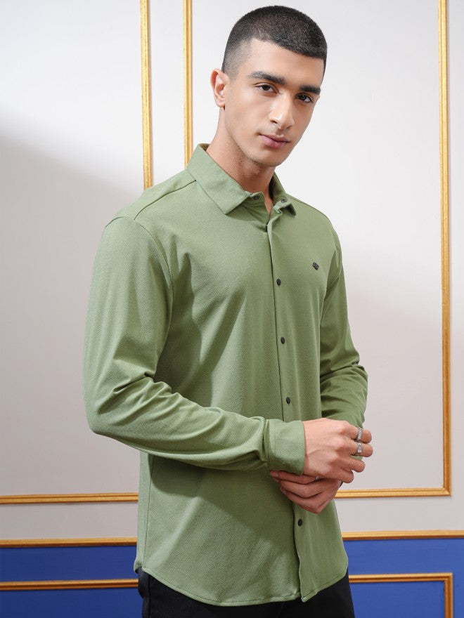 Highlander Men Green Solid Slim Fit Casual Shirt - Green - Image 6