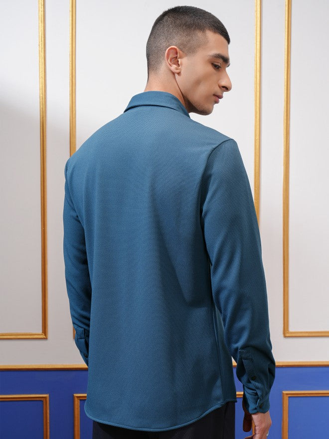 Highlander Men Teal Solid Slim Fit Casual Shirt - Teal - Image 3
