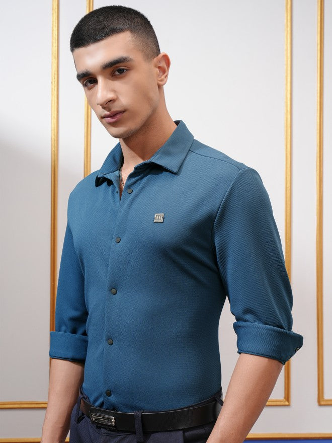 Highlander Men Teal Solid Slim Fit Casual Shirt - Teal - Image 4